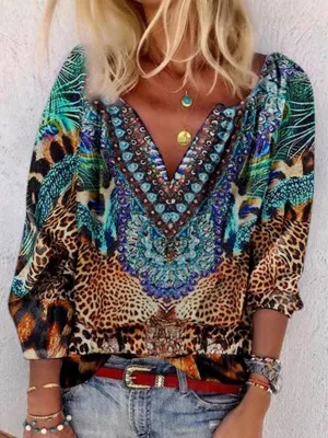 Vintage Bohemian V-Neck Leopard Print Top
