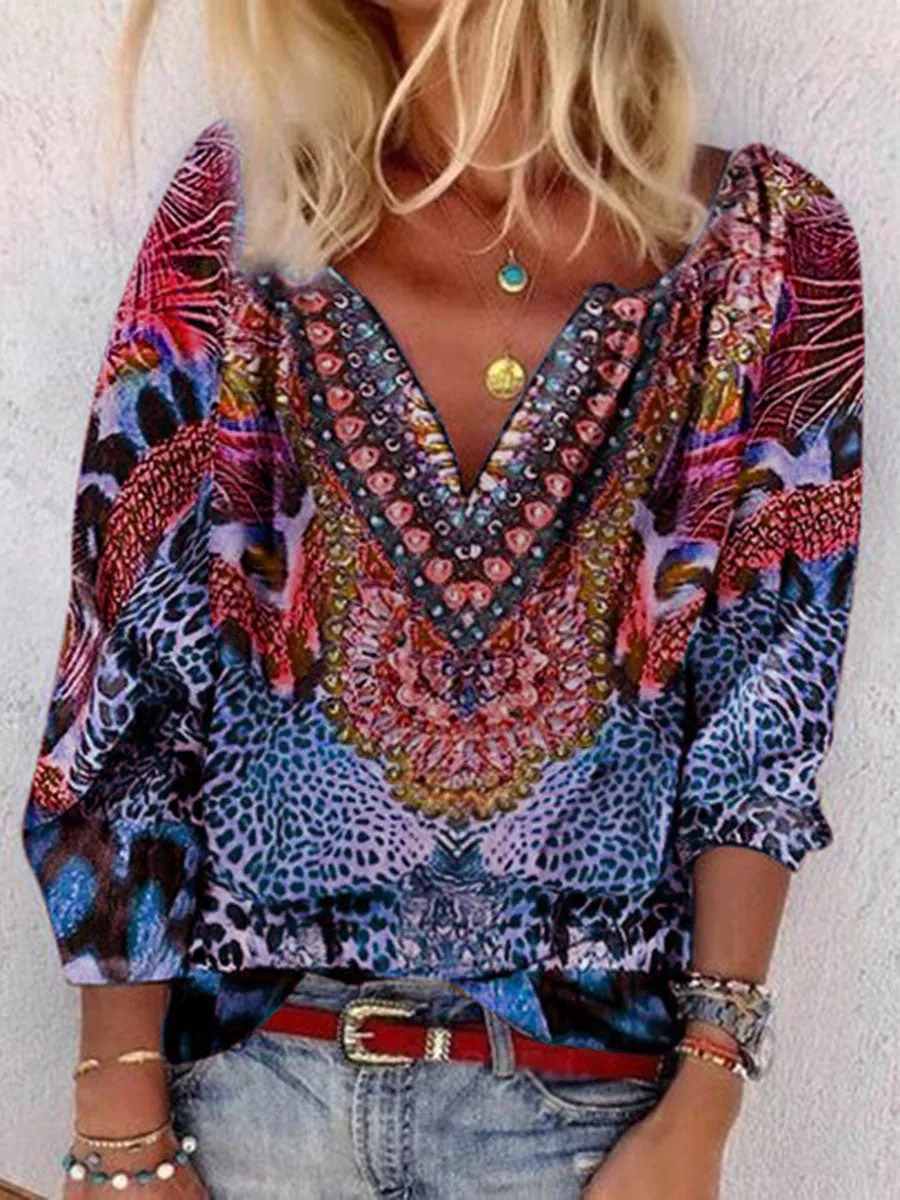 Vintage Bohemian V-Neck Leopard Print Top