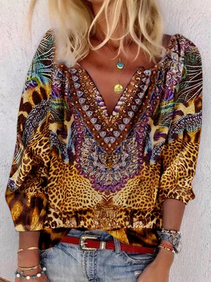 Vintage Bohemian V-Neck Leopard Print Top